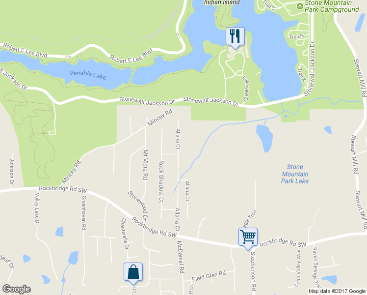 map of restaurants, bars, coffee shops, grocery stores, and more near 597 Allana Court in Stone Mountain