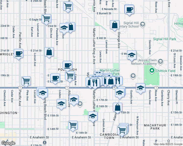 map of restaurants, bars, coffee shops, grocery stores, and more near 925 East 19th Street in Long Beach