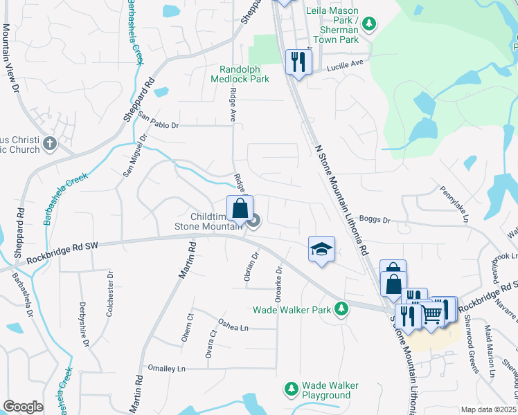 map of restaurants, bars, coffee shops, grocery stores, and more near 521 Ridge Avenue in Stone Mountain
