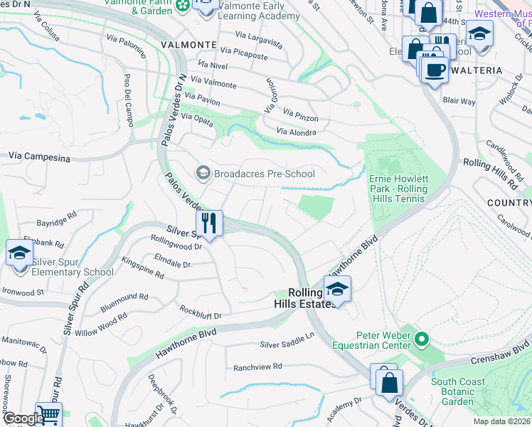 map of restaurants, bars, coffee shops, grocery stores, and more near 3 Lazy Creek Lane in Rolling Hills Estates