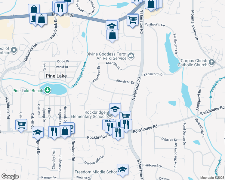 map of restaurants, bars, coffee shops, grocery stores, and more near 4664 Keighley Drive in Stone Mountain