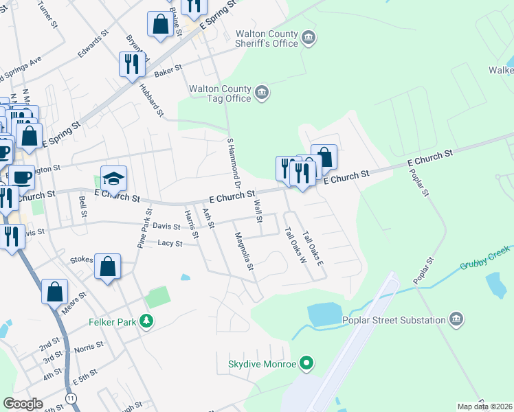 map of restaurants, bars, coffee shops, grocery stores, and more near 316 Wall Street in Monroe