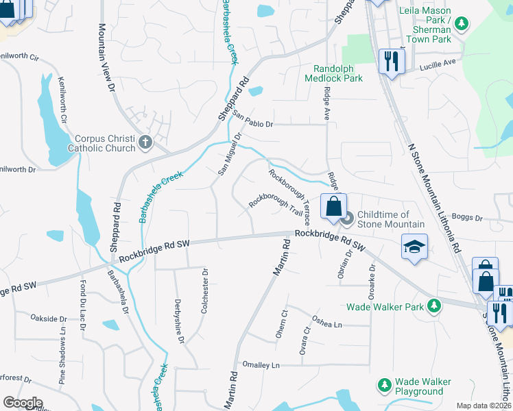 map of restaurants, bars, coffee shops, grocery stores, and more near 5219 Rockborough Trail in Stone Mountain