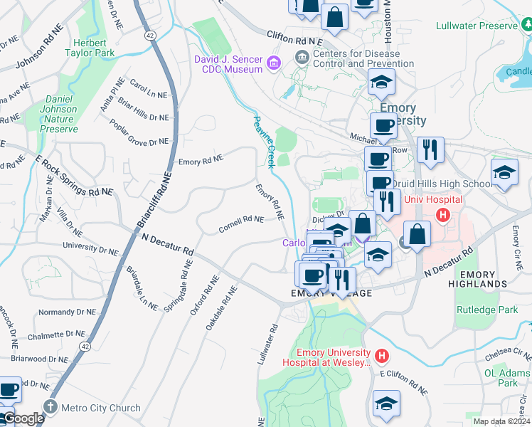 map of restaurants, bars, coffee shops, grocery stores, and more near 1460 Cornell Road Northeast in Atlanta