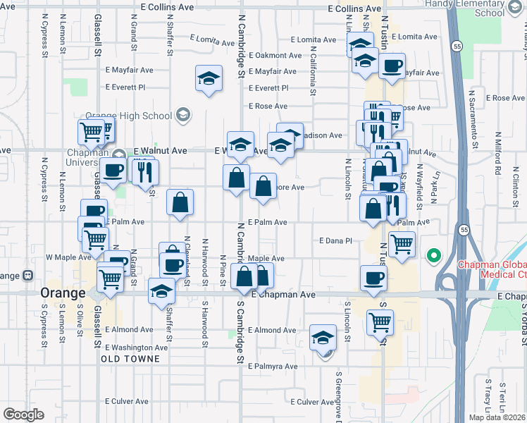 map of restaurants, bars, coffee shops, grocery stores, and more near 325 North Waverly Street in Orange