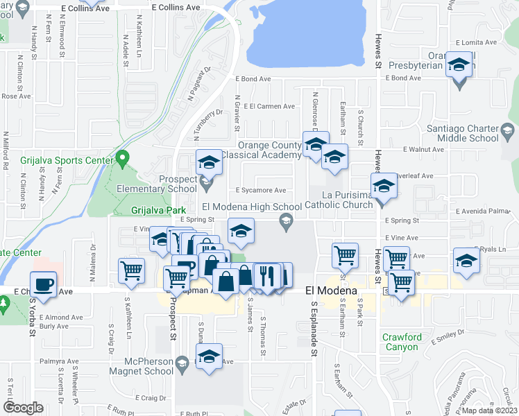 map of restaurants, bars, coffee shops, grocery stores, and more near 3806 East Palm Avenue in Orange