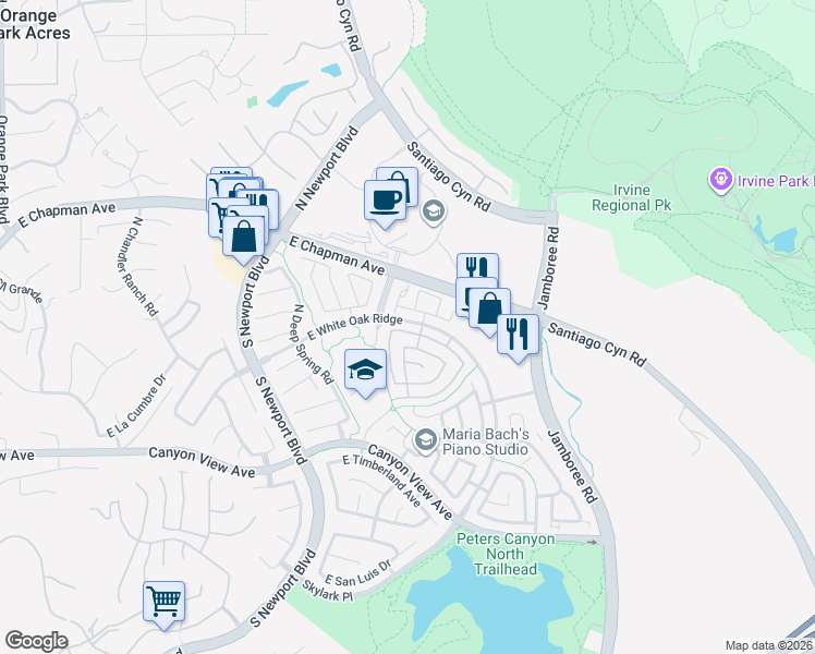 map of restaurants, bars, coffee shops, grocery stores, and more near 8139 East Star Pine Road in Orange