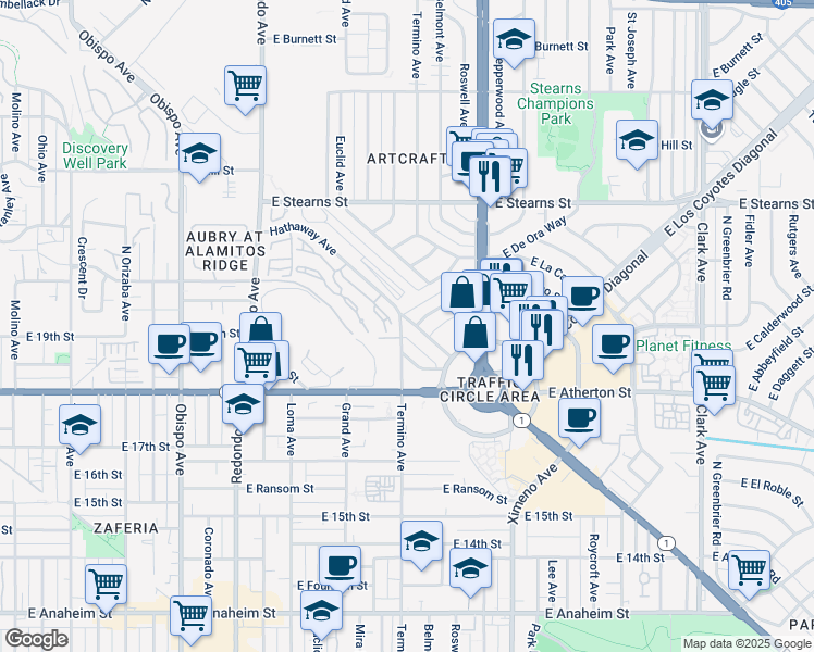 map of restaurants, bars, coffee shops, grocery stores, and more near 4102 Hathaway Avenue in Long Beach