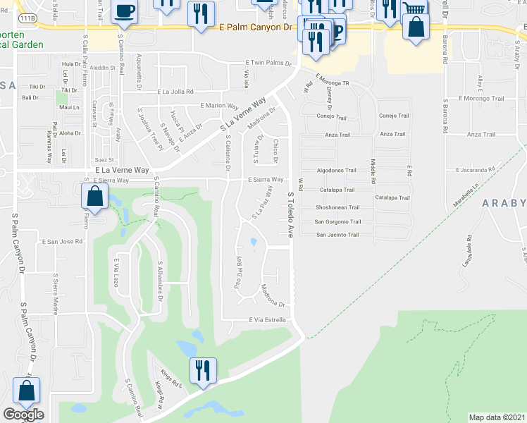 map of restaurants, bars, coffee shops, grocery stores, and more near 2204 South La Paz Way in Palm Springs