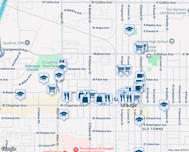 map of restaurants, bars, coffee shops, grocery stores, and more near 320 North Clark Street in Orange