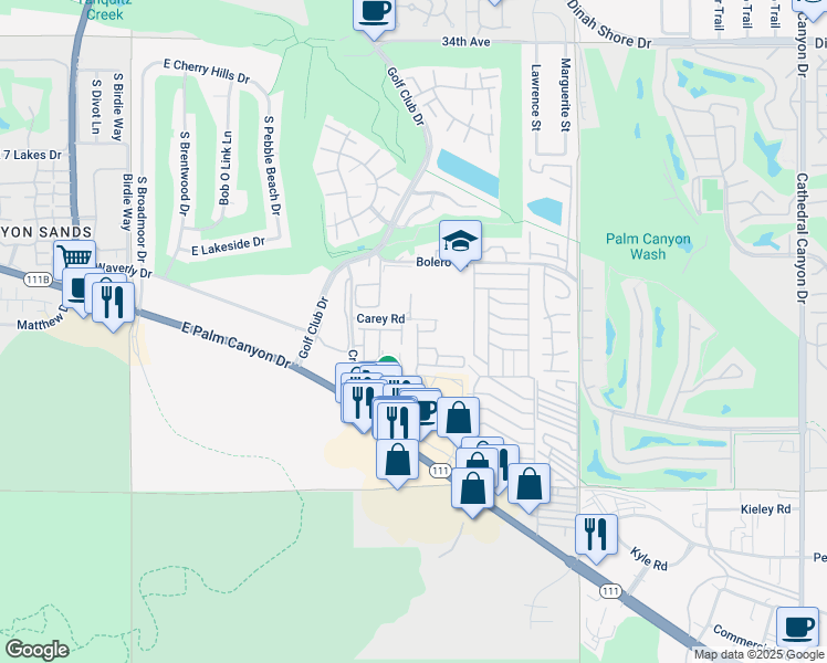 map of restaurants, bars, coffee shops, grocery stores, and more near 35297 District East Street in Cathedral City