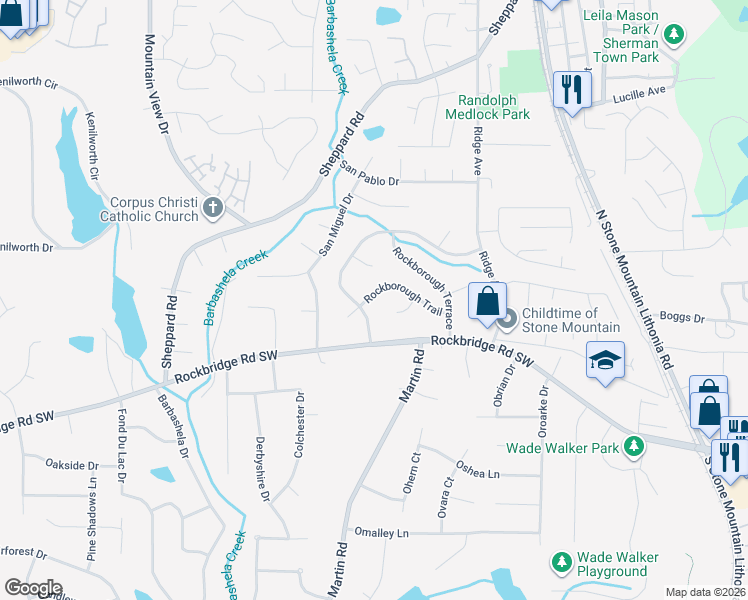map of restaurants, bars, coffee shops, grocery stores, and more near 5219 Rockborough Trail in Stone Mountain