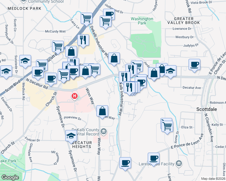 map of restaurants, bars, coffee shops, grocery stores, and more near 1102 Stratford Commons in Decatur