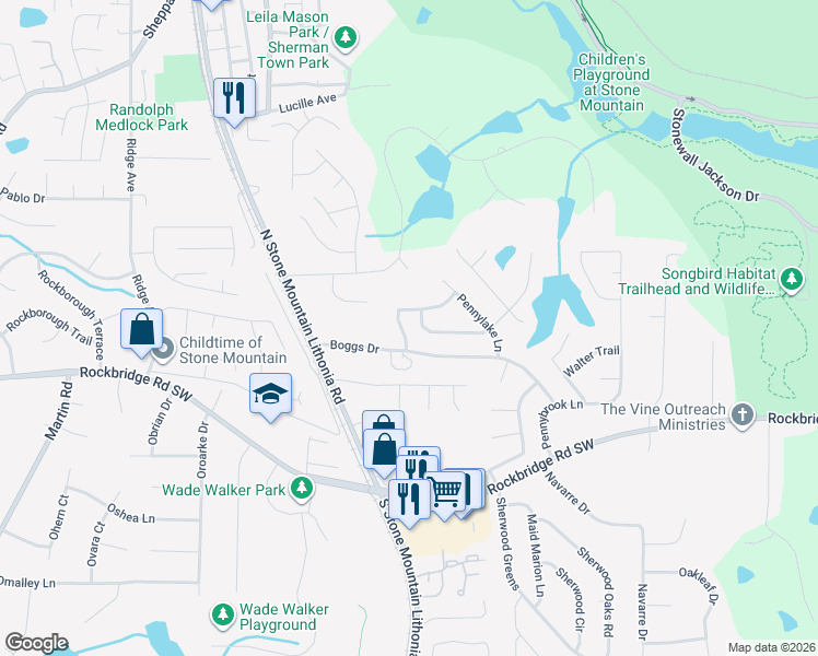 map of restaurants, bars, coffee shops, grocery stores, and more near 5521 Pennybrook Trail in Stone Mountain
