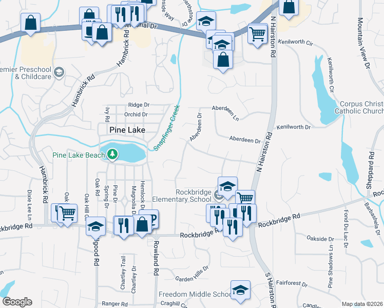 map of restaurants, bars, coffee shops, grocery stores, and more near 557 Aberdeen Drive in Stone Mountain