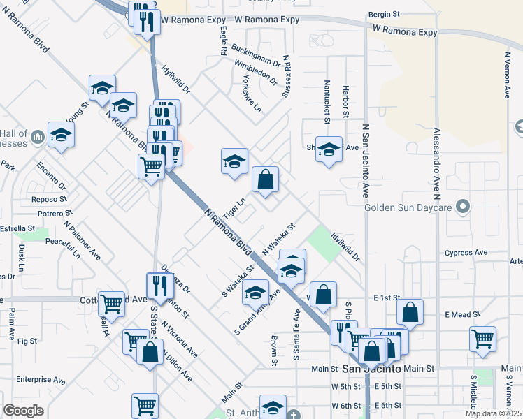 map of restaurants, bars, coffee shops, grocery stores, and more near 446 Santa Rosa Street in San Jacinto