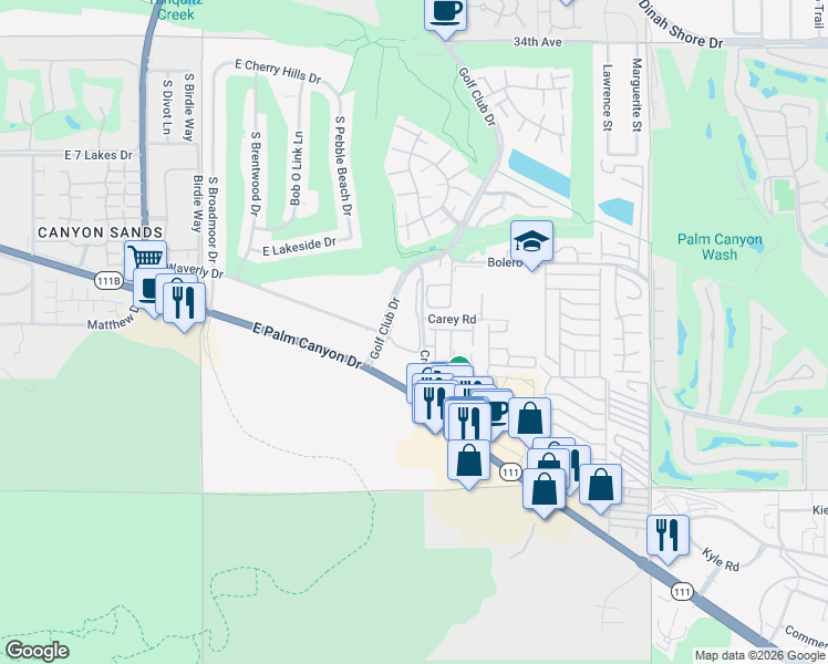 map of restaurants, bars, coffee shops, grocery stores, and more near 2700 Lawrence Crossley Road in Palm Springs