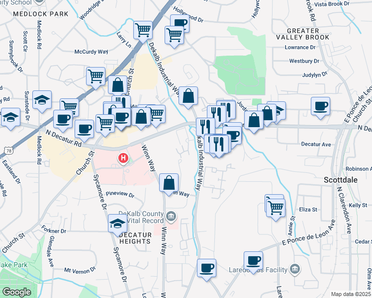 map of restaurants, bars, coffee shops, grocery stores, and more near 1102 Stratford Commons in Decatur