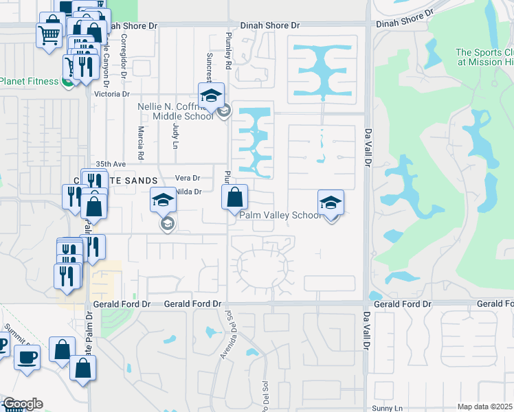 map of restaurants, bars, coffee shops, grocery stores, and more near 11 Lake Mendocino Drive in Rancho Mirage