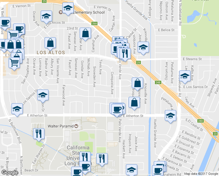 map of restaurants, bars, coffee shops, grocery stores, and more near 6320 East Los Santos Drive in Long Beach