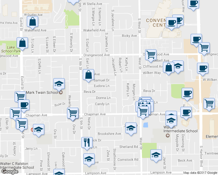 map of restaurants, bars, coffee shops, grocery stores, and more near 11732 Eudora Lane in Garden Grove