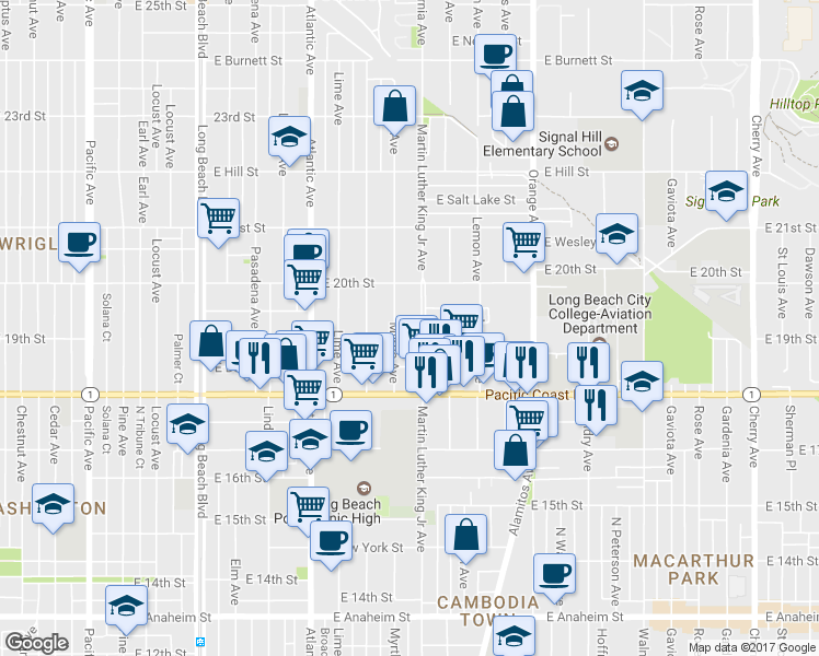 map of restaurants, bars, coffee shops, grocery stores, and more near 1936 Martin Luther King Junior Avenue in Long Beach