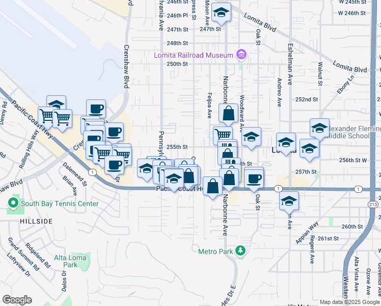 map of restaurants, bars, coffee shops, grocery stores, and more near 25511 Cypress Street in Lomita