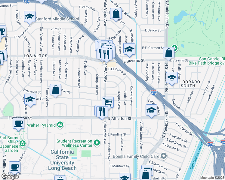 map of restaurants, bars, coffee shops, grocery stores, and more near 6430 East Los Santos Drive in Long Beach