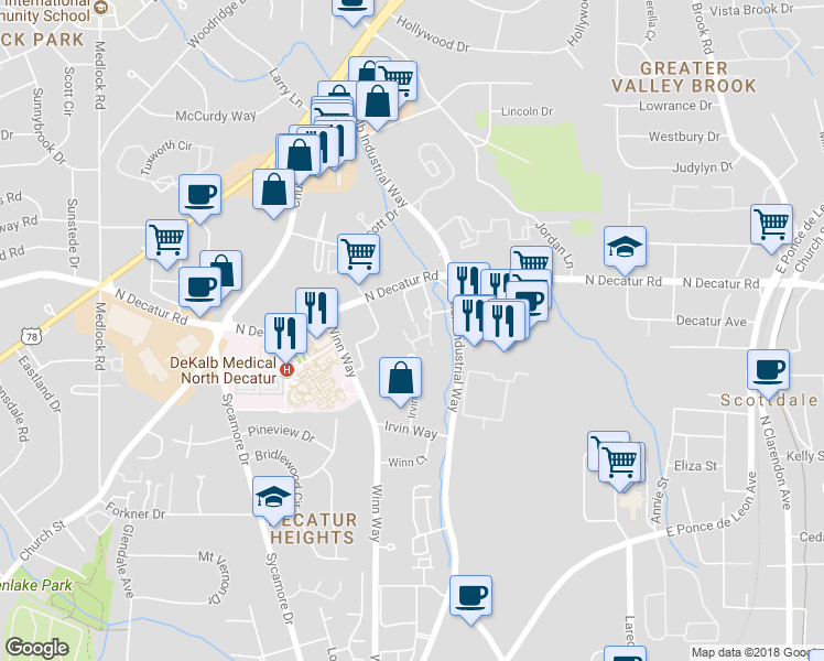 map of restaurants, bars, coffee shops, grocery stores, and more near 2408 Stratford Commons in Decatur