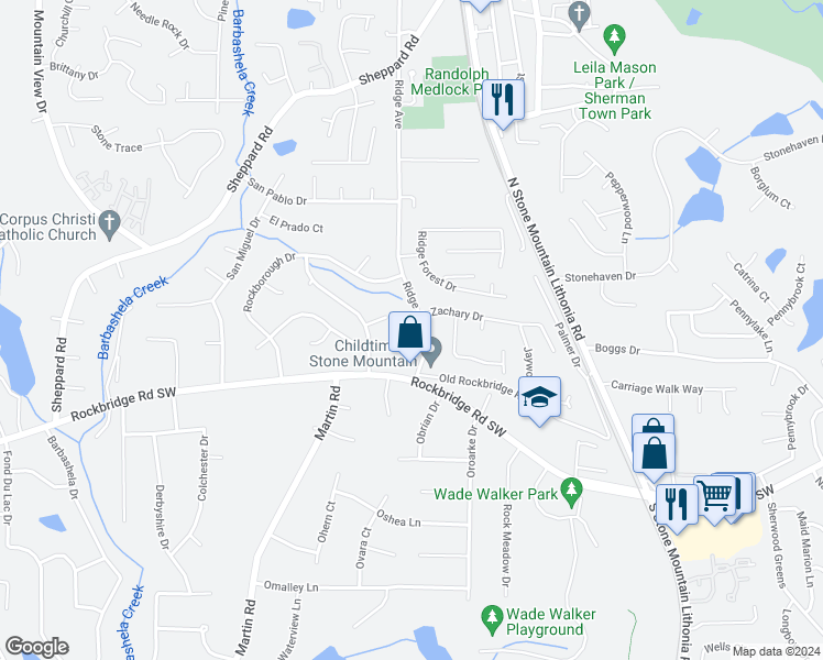 map of restaurants, bars, coffee shops, grocery stores, and more near 5306 Stonebush Terrace in Stone Mountain