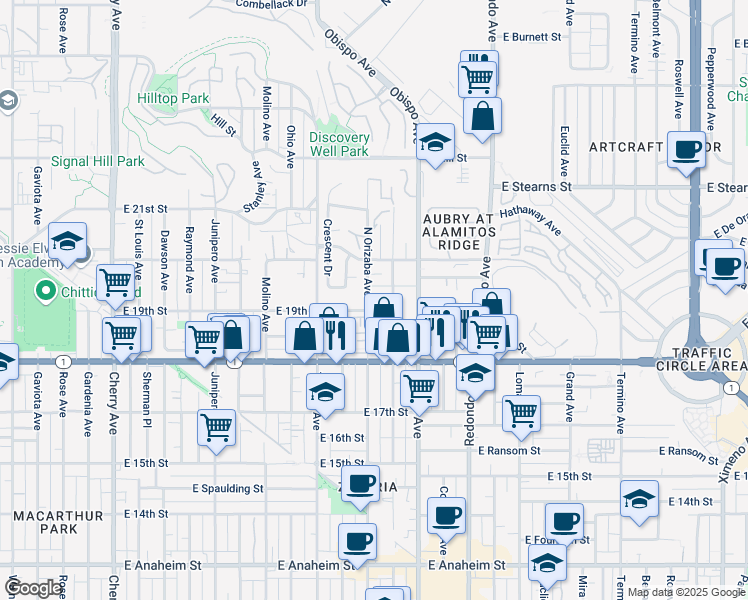 map of restaurants, bars, coffee shops, grocery stores, and more near 1918 Orizaba Avenue in Signal Hill