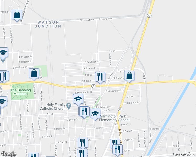 map of restaurants, bars, coffee shops, grocery stores, and more near 1437 East Colon Street in Los Angeles