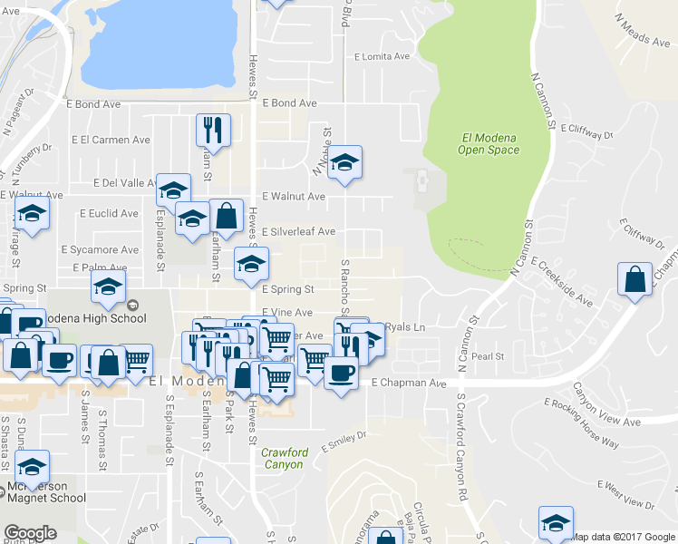 map of restaurants, bars, coffee shops, grocery stores, and more near 11701 Blackthorn Lane in Orange
