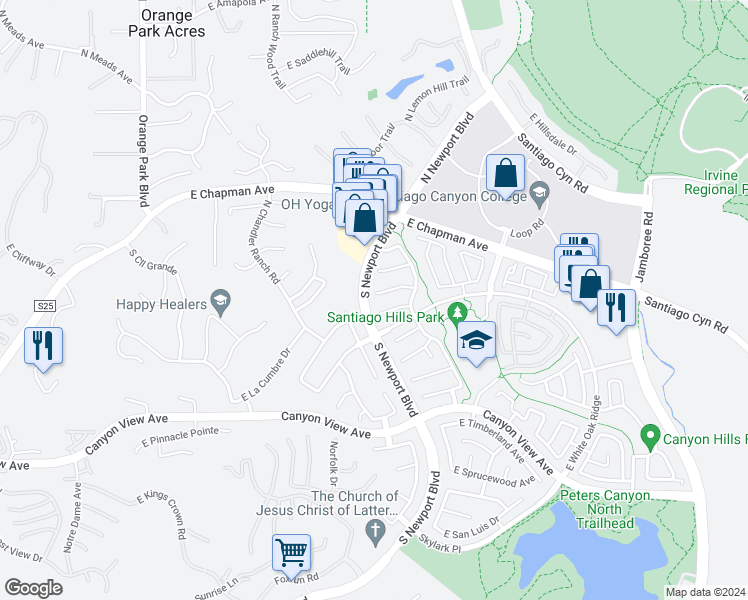 map of restaurants, bars, coffee shops, grocery stores, and more near 7606 East Cedar Creek Way in Orange