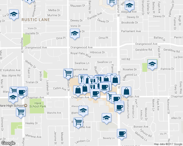 map of restaurants, bars, coffee shops, grocery stores, and more near 9731 Skylark Boulevard in Garden Grove