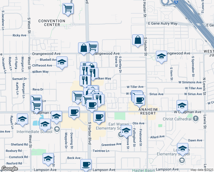 map of restaurants, bars, coffee shops, grocery stores, and more near 500 West Summerfield Circle in Anaheim