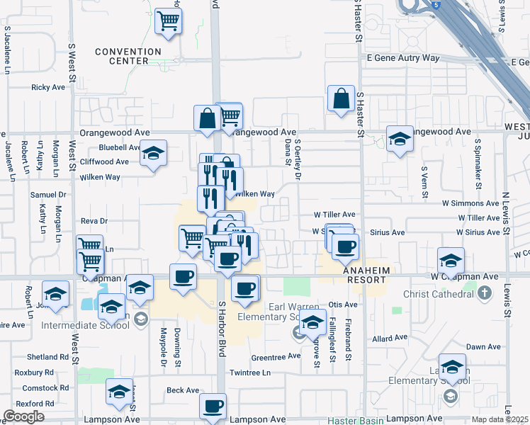 map of restaurants, bars, coffee shops, grocery stores, and more near 457 West Summerfield Circle in Anaheim