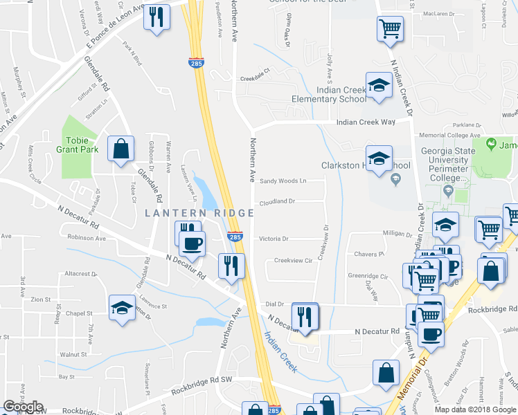 map of restaurants, bars, coffee shops, grocery stores, and more near 561 Northern Avenue in Stone Mountain