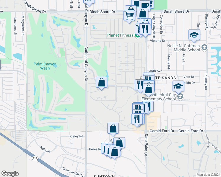 map of restaurants, bars, coffee shops, grocery stores, and more near 35200 Cathedral Canyon Drive in Cathedral City