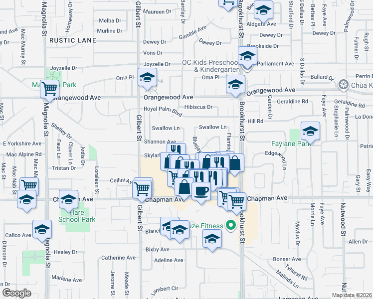 map of restaurants, bars, coffee shops, grocery stores, and more near 9731 Skylark Boulevard in Garden Grove