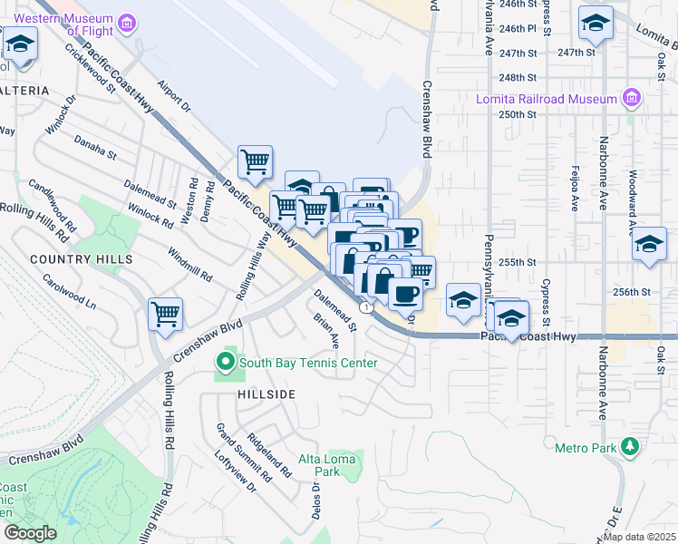 map of restaurants, bars, coffee shops, grocery stores, and more near 25240 Crenshaw Boulevard in Torrance