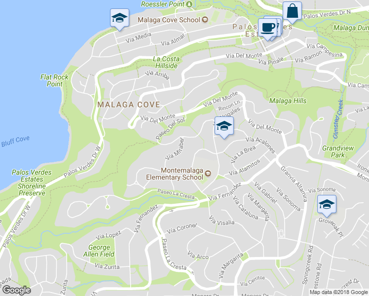 map of restaurants, bars, coffee shops, grocery stores, and more near 1100 Vía Mirabel in Palos Verdes Estates