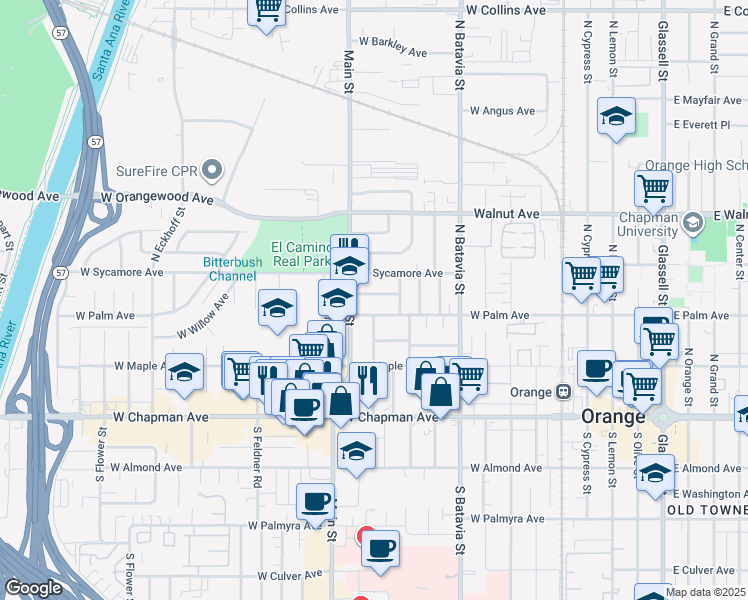 map of restaurants, bars, coffee shops, grocery stores, and more near 1218 West Birch Avenue in Orange