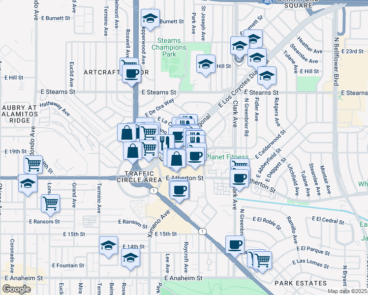 map of restaurants, bars, coffee shops, grocery stores, and more near 4714 E Los Coyotes Diagonal in Long Beach