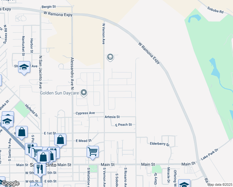 map of restaurants, bars, coffee shops, grocery stores, and more near 197 North Vernon Avenue in San Jacinto