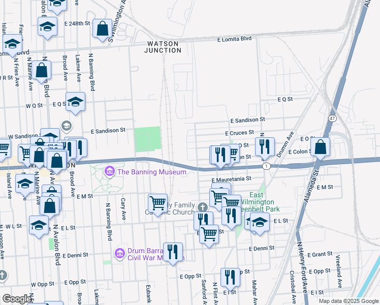 map of restaurants, bars, coffee shops, grocery stores, and more near 914 East O Street in Los Angeles