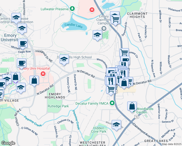 map of restaurants, bars, coffee shops, grocery stores, and more near 1968 North Decatur Road in Atlanta