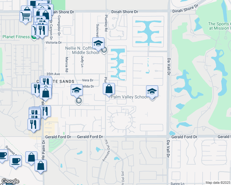 map of restaurants, bars, coffee shops, grocery stores, and more near 11 Lake Mendocino Drive in Rancho Mirage