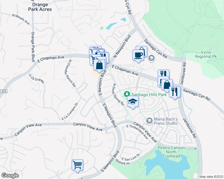 map of restaurants, bars, coffee shops, grocery stores, and more near 7721 East Appletree Lane in Orange