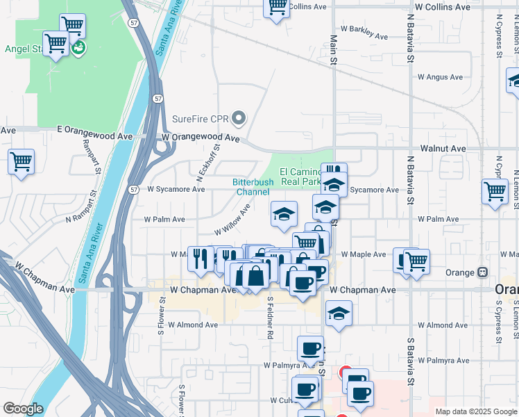 map of restaurants, bars, coffee shops, grocery stores, and more near 350 North Cedar Street in Orange